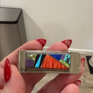 Vintage Sterling Silver Navajo Multicolor Inlay Money Clip